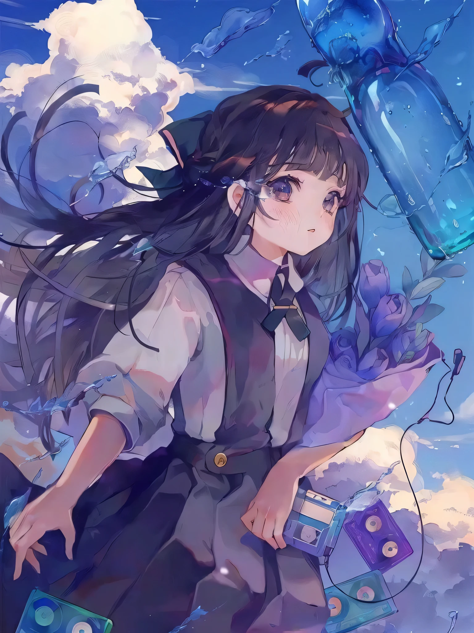 Anime Girl with long hair holding a bottle and a camera, Anime cute art style, high quality Anime art style, Anime art style, Anime Aesthetics, Anime Aesthetics, young Anime Girl, Anime style 4k, Cute girl anime visual, an Anime Girl, Anime Wallpaper, (Anime Girl), Anime Girl, Beautiful anime style, Beautiful Anime art style
