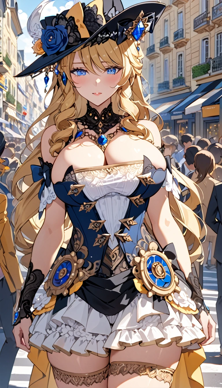 A beautiful 28-year-old woman, Navia, wearing sexy lingerie, stands in a crowded French city, hyper detailed huge breasts and ultra detailed features rendered in the best quality, 4K masterpiece.
