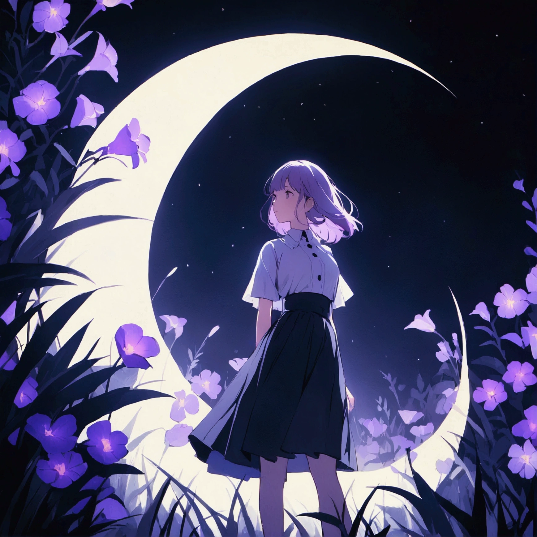 Woman surrounded by purple flowers Simple Nostalgic Large crescent moon