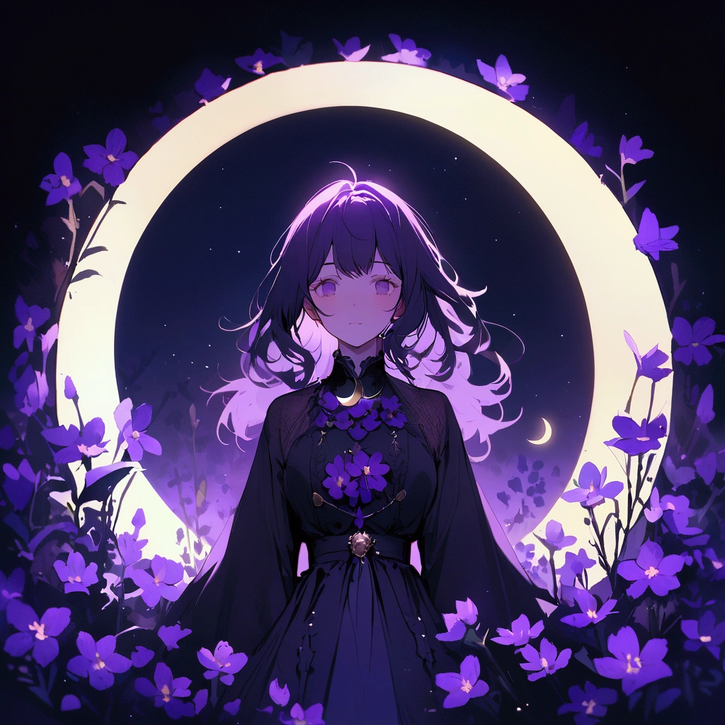 Woman surrounded by purple flowers Simple Nostalgic Large crescent moon