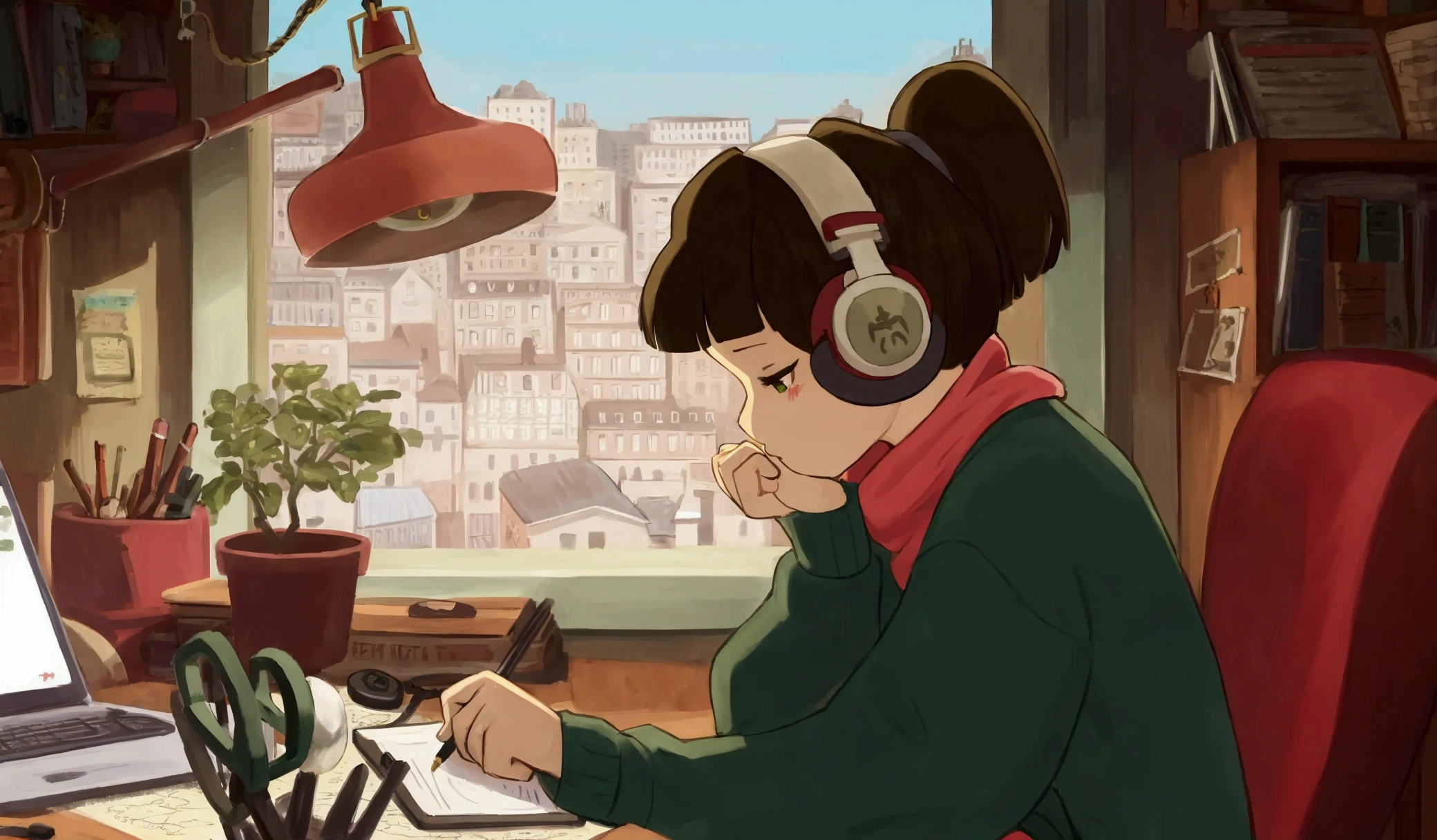 Anime girl sitting at a desk writing with headphones on, praise girl, praise artstyle, praise art, praise portrait, praise feel, praise girl aesthetic, praise colors, Atei Gailan Style, praise vibes, praise, praise hip hop, praise portrait at a window, praise vibe