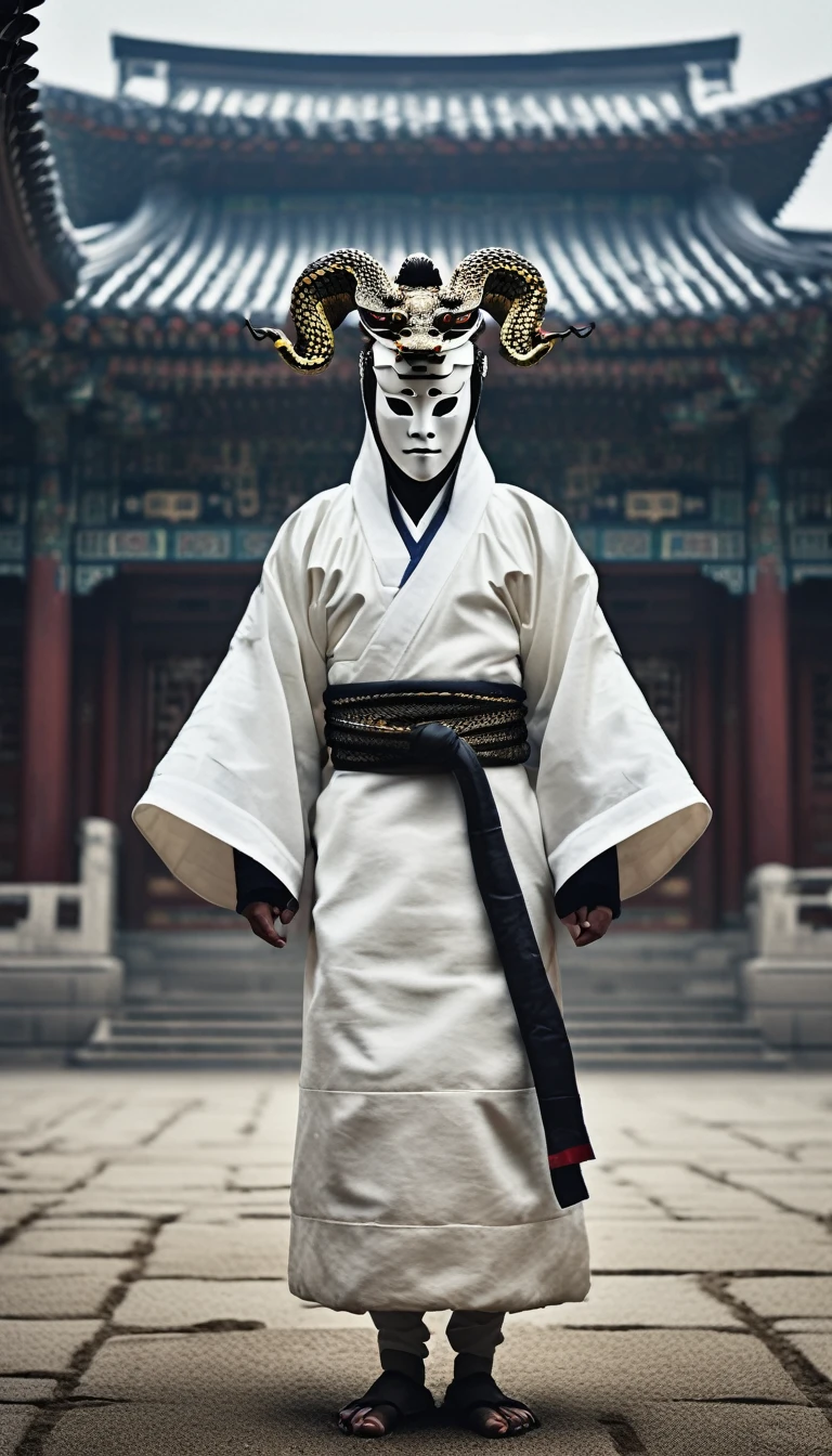 Realistic photo, cinematic, Gyeongbokgung Palace background, wearing a white hood in traditional Korean clothing, wearing a traditional Korean mask, snake wrapped around the body, detailed skin expression, dark atmosphere, intricate details, full body shot