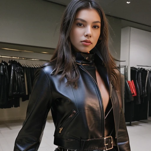 A 23-year-old girl is wearing a leather coat., leather skinny pants, leather gloves.