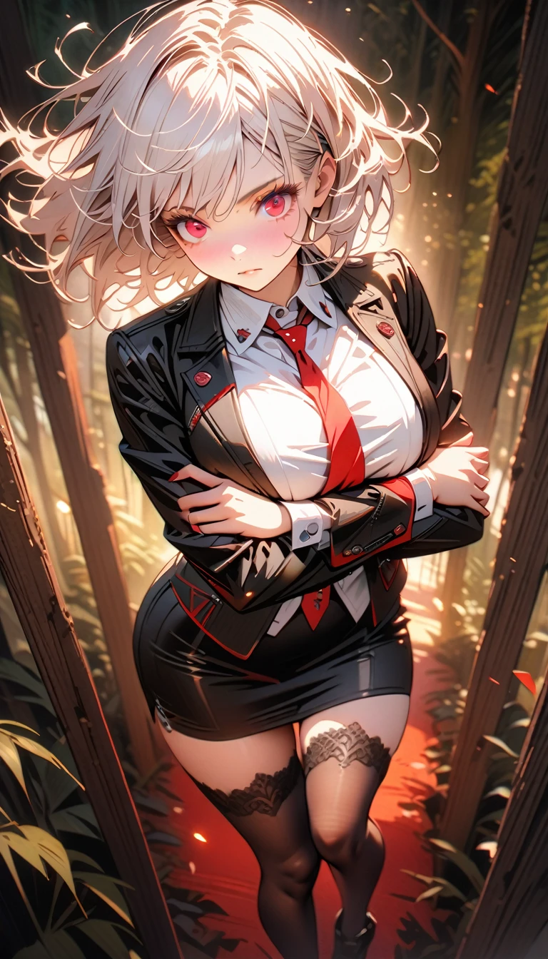 1women,(White hair),(White eyelashes),(Red eyes),( wears a white shirt),(Black jacket),(Big breasts),(Red tie),(Black tight skirt),(Sexy women's stockings),(Expressionless face),(full body-show),(cross arms),(masterpiece:1.5), (8k details:1.3), (unlimited details:1.2), (best eyes:1.4), (ultra clothes details:1.3), (highly detailed background), (vibrant colors), (dynamic lighting), (realistic skin texture), (intricate patterns), (sharp focus), (full-body view), (natural poses), (expressive emotions), (cinematic composition),(Forest background)