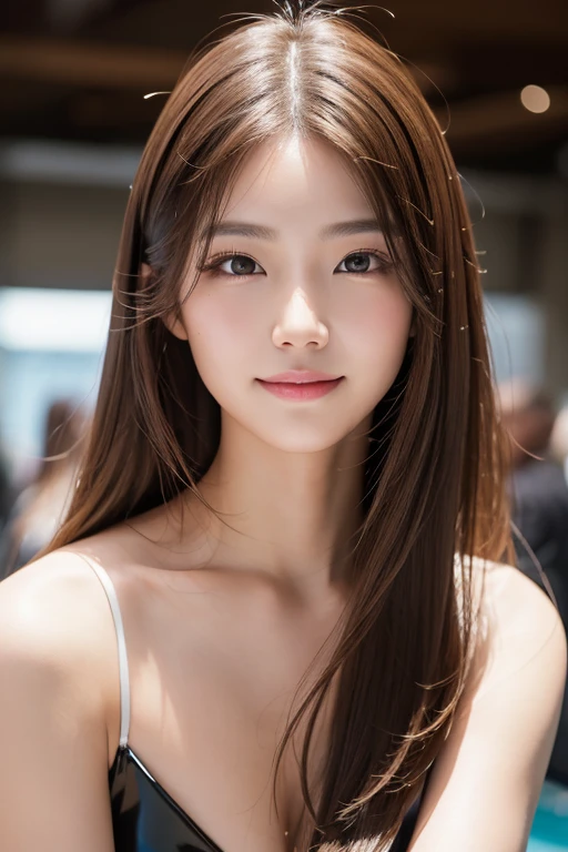 Latex bodysuit、Knee-high boots、Huge 、Long brown hair、Shiny, Oily skin、Glowing Skin、Indoor competition pool、White skin、Flying debris, Highest quality, Realistic, Very detailed, finely, High resolution, 8K デンデ wallpaper, One beautiful woman,, Light brown messy hair, Wear a business suit, Sharp focus, Perfect dynamic composition, Beautiful and detailed, Detailed Hair, Detailed Realistic skin texture, smile, Close-up portrait, Model body type