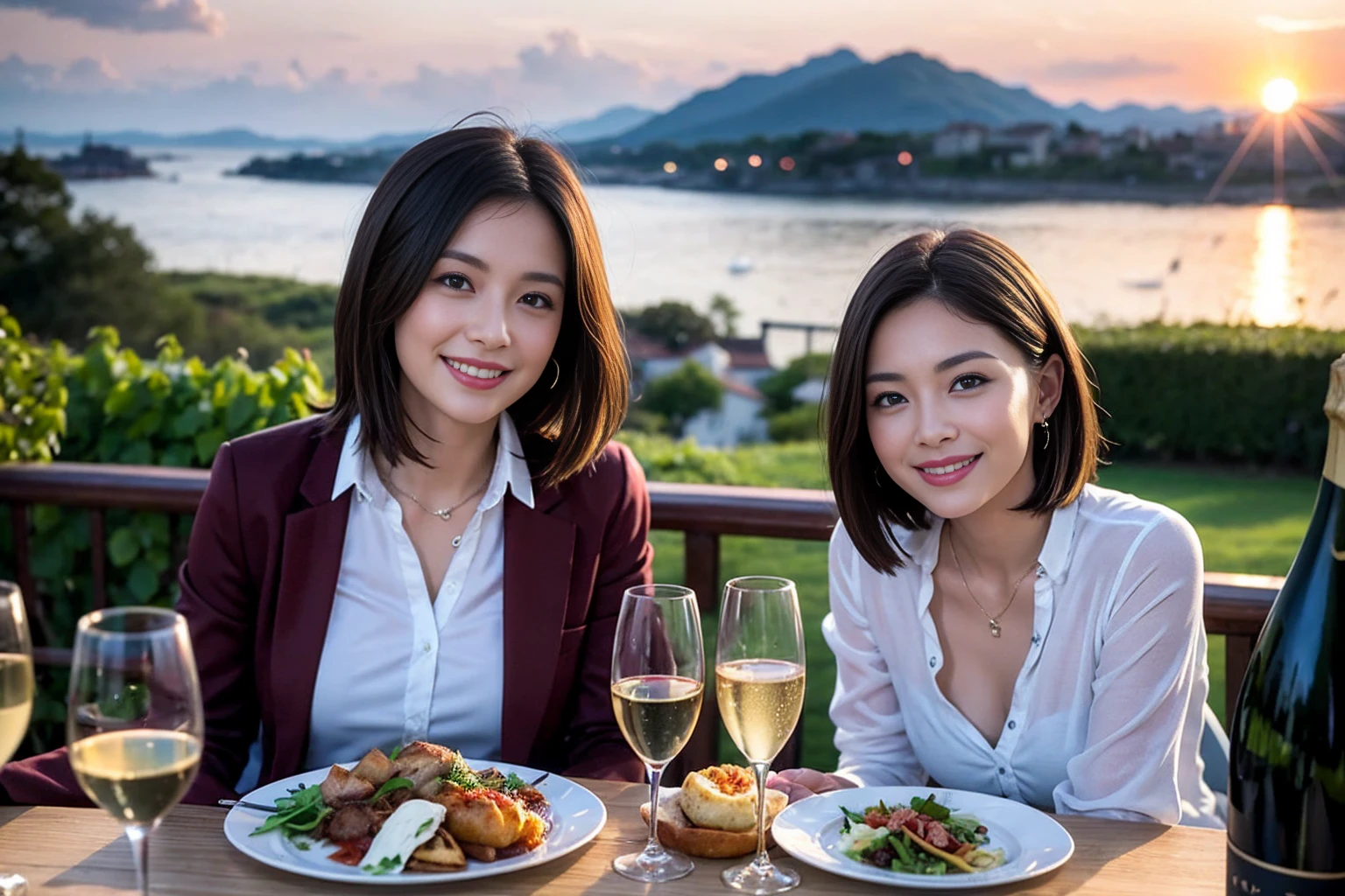 ((Highest quality、8k、masterpiece:1.3))、Slim Couple、Model Couple、(Realistic, Intricate details:1.2), full-course dinner、wine 、Amazing view of the sunset sky and clouds、A bright smile、The wonderfulness of smiles、Bright image、wineの美しさ, Beautiful Face, blue eyes, The light shines on your face, blush, short hair,Bright Face、 (Age 35), 38 years old, 赤wine 、Appetizers、Italian food、wine bottle、Champagne、スパークリングwine、Two beauties、Brown Hair、Shortcuts、Long sleeve shirt、dress、Two beautiful women