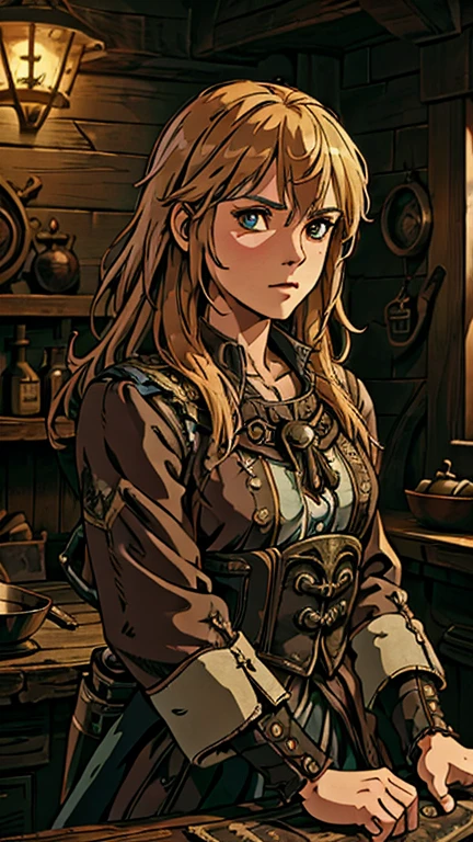 (1girl, Swann), (extremely detailed CG unit 8k wallpaper),(master part), (best quality), (ultra detail), (best illustration),(style of Dan Mumford), cowboy shot, (Sharp eyeliner, ombre, detail eyes:1), dark tavern interiors background, ,break , (salvagepirateworld), upper body,