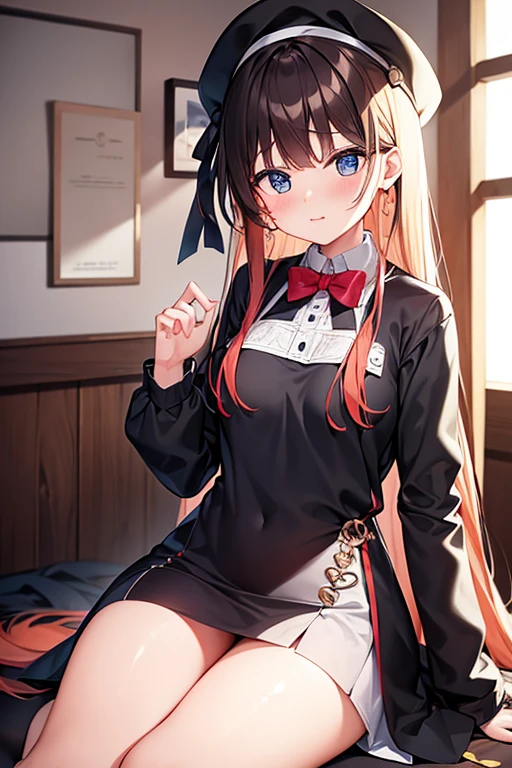 #((Highest quality)), ((masterpiece)), (detailed), One girl, y、Red long hair、Blue Eyes、beautiful girl#(Red clothing≫Lab coat)、(((red vertical sweater、Red Long Sweater、Red long vertical sweater)))を着たbeautiful girl、(((red vertical sweater、Red Long Sweater、Red long vertical sweater))、A long vertical red sweater, including the bottoms、Absolute area、(((White lace-up thigh-high boots that reach above the knee)))、Round beret、White beret))、Red long hair、red vertical sweater、Put on a white coat over your sweater、Eye highlights、A black belt worn diagonally around the waist、