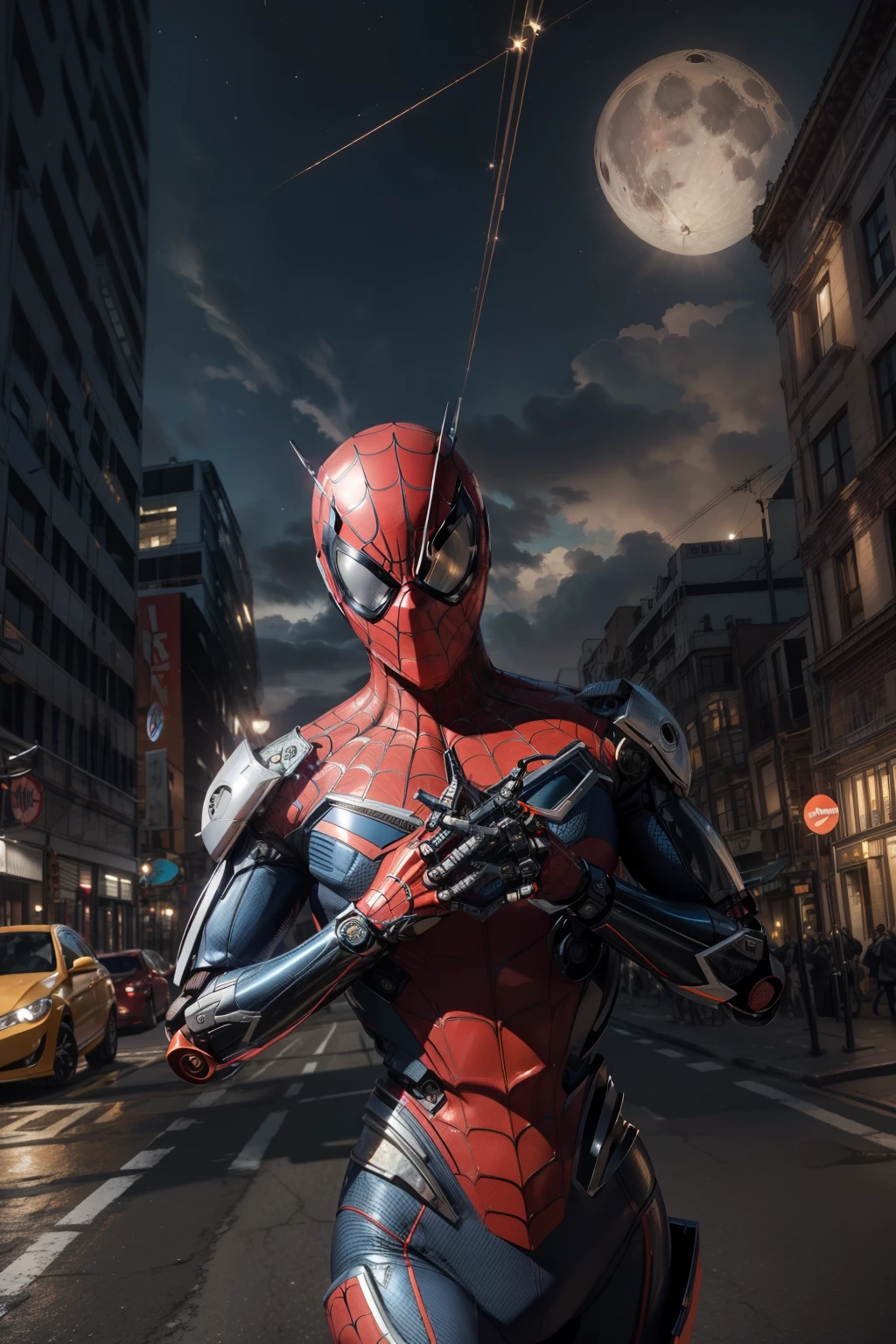 ((best quality)), ((masterpiece)), (detailed), ((best quality)), ((masterpiece)), (detailed), robotic spiderman(full robot costum blue metallic and red), ((orange rayban eyes)) wearing gas mas)k is floating while shooting the webs wichis it comes out from his hands, in the city building from the outside 360° dark view at nights, moonlighting in the sky, clouds, builings, (colorfull)