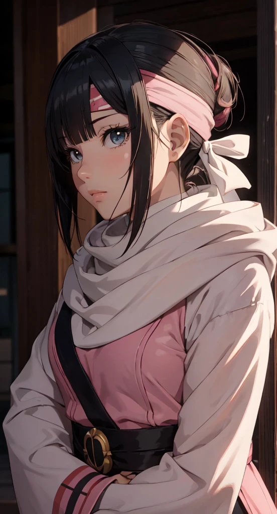 Asada Shino masterpiece), best quality, high resolution 1girl bob cut medium hair standing alone cowl headband on forehead profile image looking at viewer beautiful eyes beautiful face extremely detailed pink clothing girly kyoukai Asada Shino Asada Shino Asada Shino