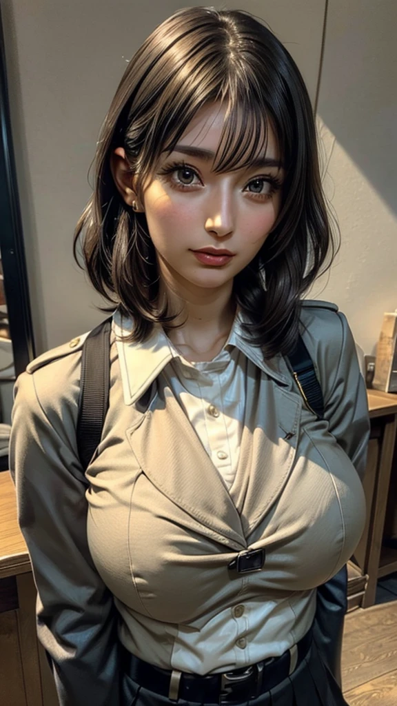 ((Beautiful Face:1.2)), (Purelos Face_v1: 1.0), Half Body,(Highest Resolution, clear_image) Highest quality, Single, One Woman, alone, masterpiece, Very detailed, (realistic), Black short hair, Black Hair, bangs, mature, ((JSDF uniform)), Indoor Background, kind, Authoritative, Powerful, Exquisite facial features, Exquisite facial features,((Natural big breasts:1.2))