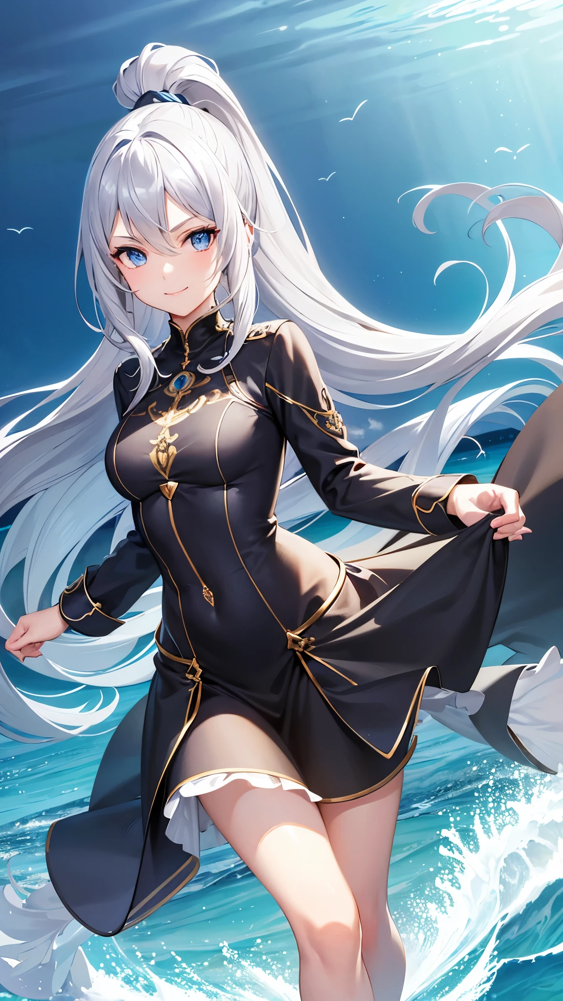 High resolution, Long Hair, Gaze, blue eyes, ponytail, Close your mouth, Anatomically correct, Highest quality, Very detailed, Silver Hair, Female eye symbol, smiling, Feet out of frame, accessories, Illustration, Stylish,The background is the sea,Cinematic light effect pointing left diagonally upwards,
