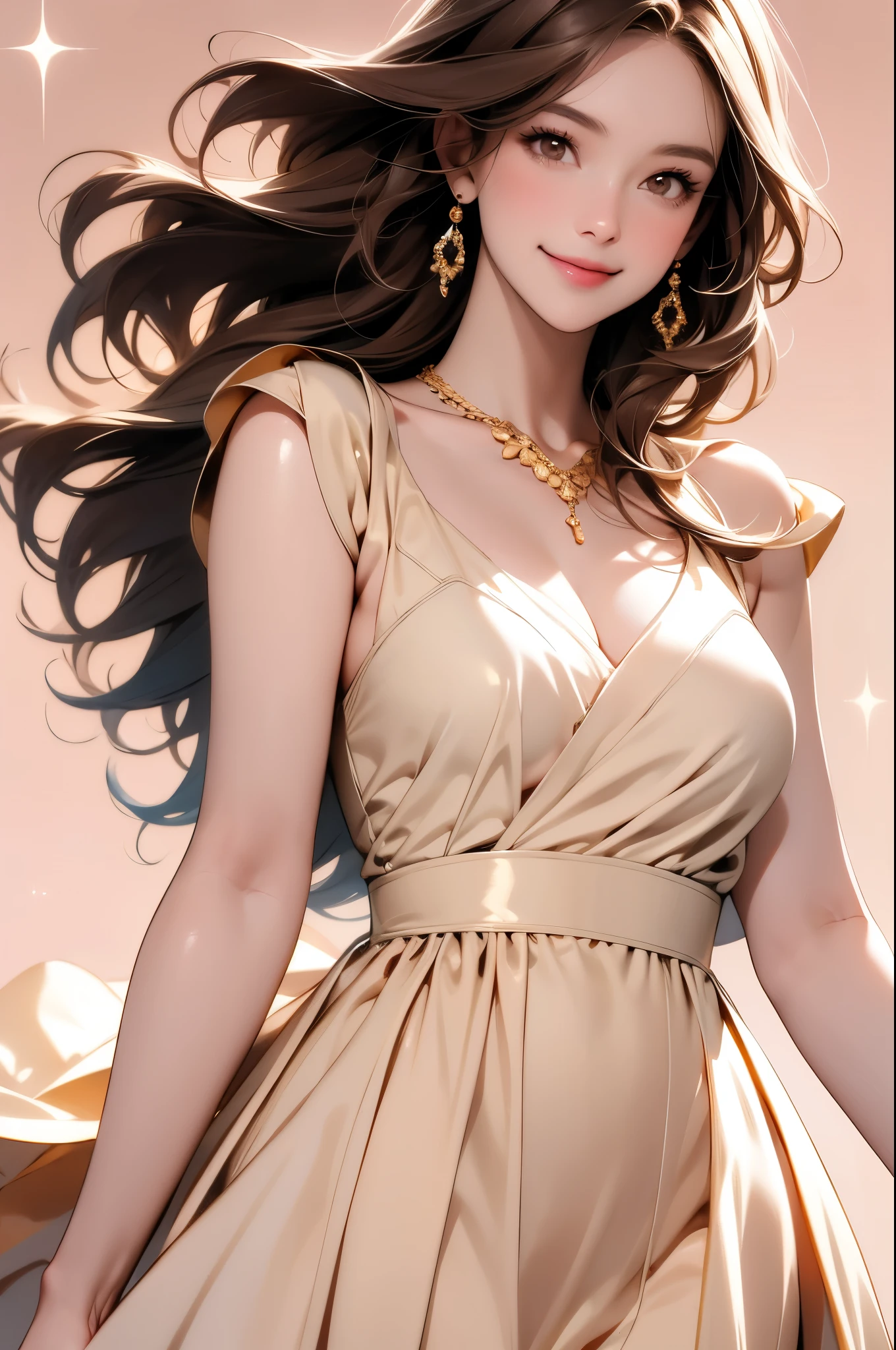 high resolution,smile,woman,woman1人,adult,Clear,cute, Brown Hair,BREAK, Brown eyes,BREAK,
Hostess,Golden Dress,Diamond Necklace,BREAK,
Facing forward,BREAK,Pink background,Light on head,