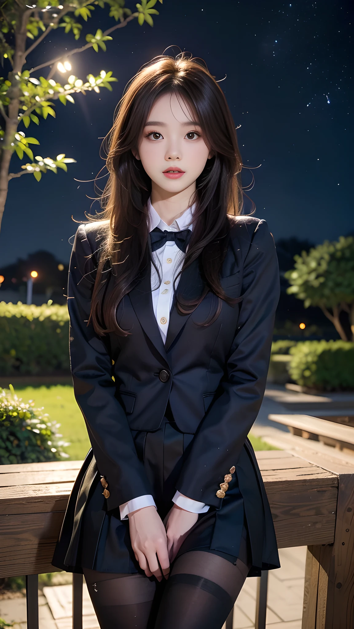 ulzzang-6500-v1.1, (RAW photo: 1.2), (Real photo), (Real photo: 1.4), 1 girl、Perfect anatomy、20 years old、Looking at the camera、Medium length hair、uniform dress, skirt, in a surreal royal garden, under the starry night, ((starry night: 1.1))、(Surreal tights: 1.2), (Business service)、Asian eyes Ella,