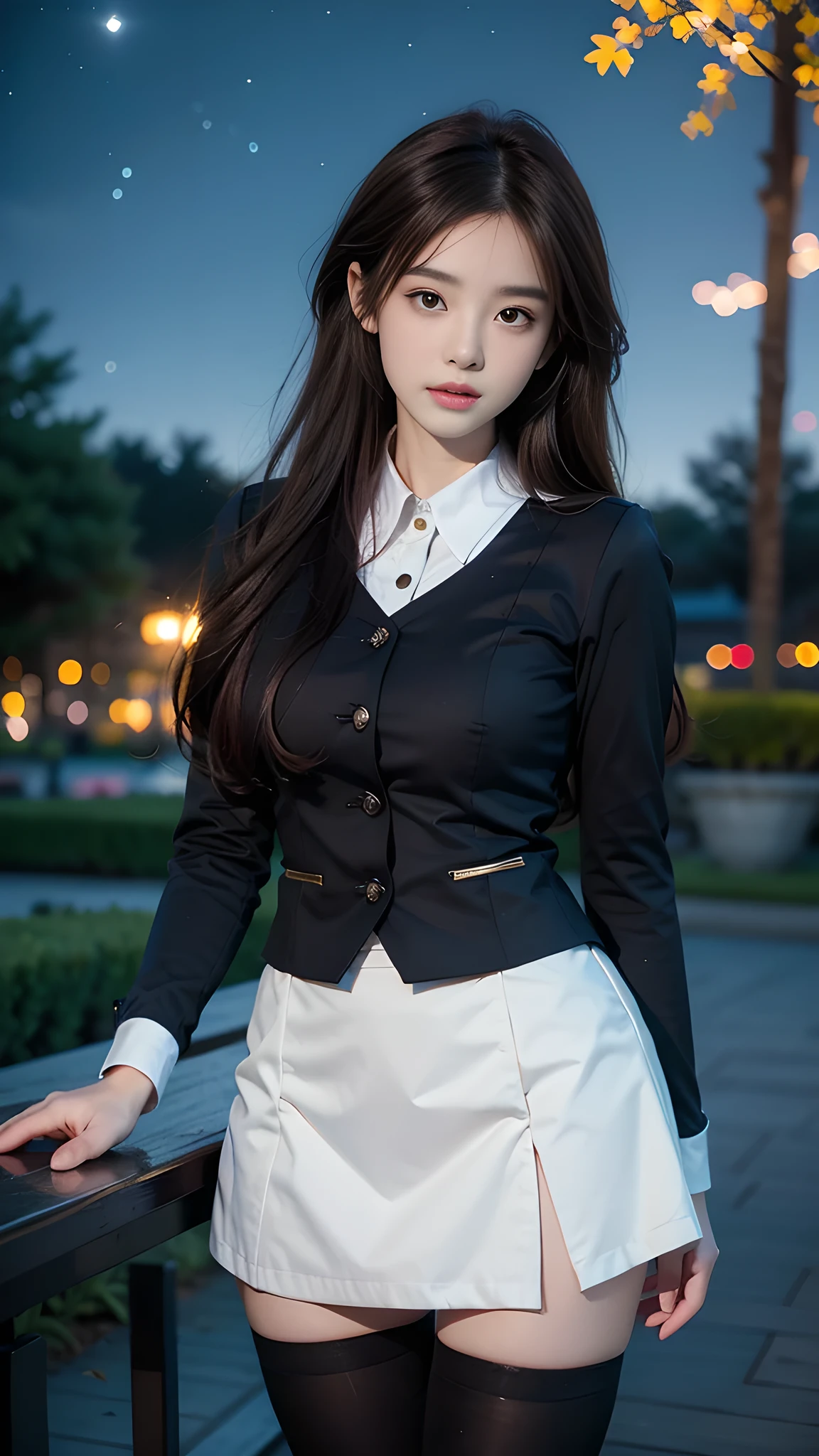 ulzzang-6500-v1.1, (RAW photo: 1.2), (Real photo), (Real photo: 1.4), 1 girl、Perfect anatomy、20 years old、Looking at the camera、Medium length hair、uniform dress, skirt, in a surreal royal garden, under the starry night, ((starry night: 1.urreal tights: 1.2), (Business service)、Asian eyes Ella,