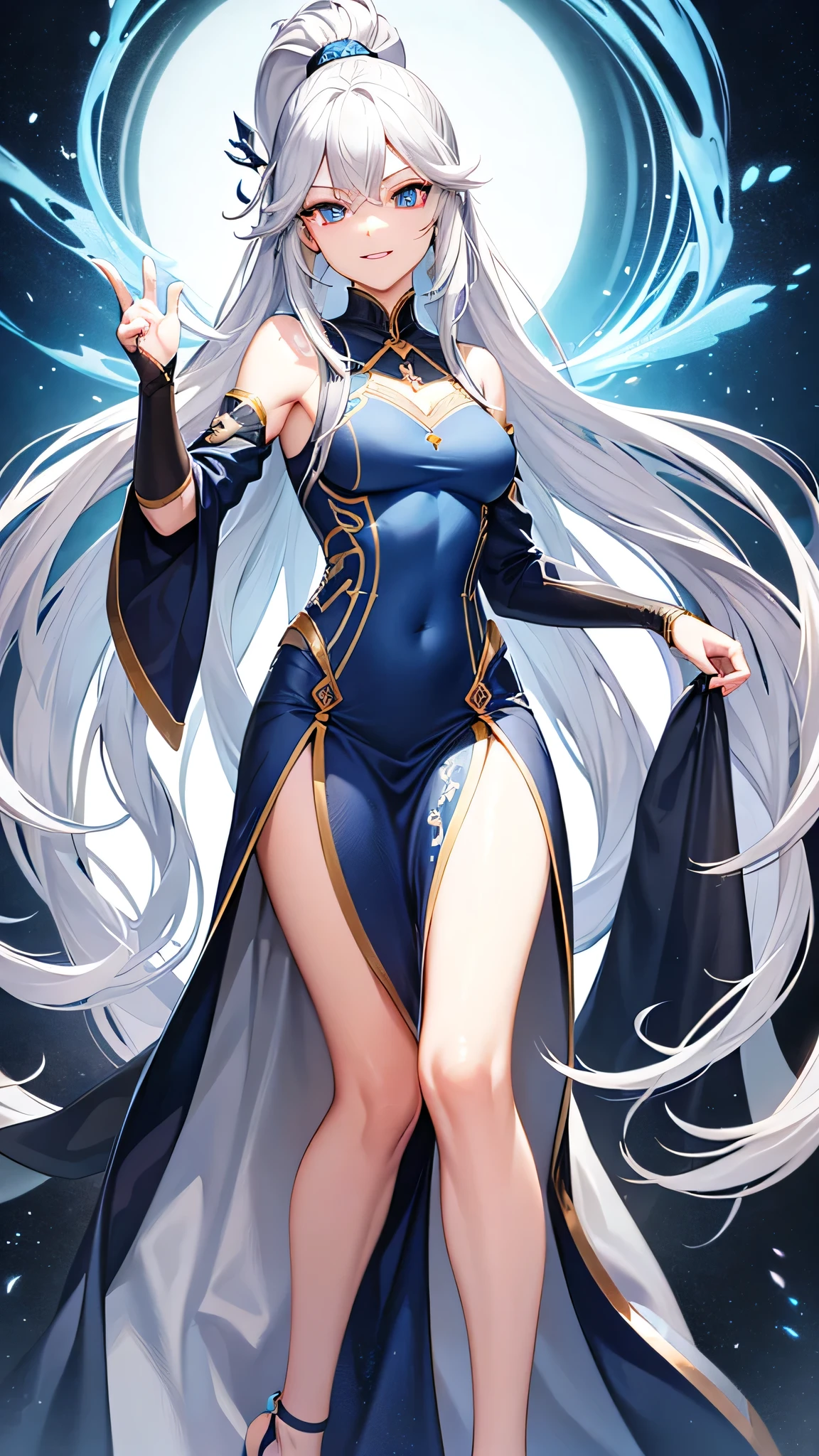 High resolution, Long Hair, Gaze, blue eyes, ponytail, Close your mouth, Anatomically correct, Highest quality, Very detailed, Silver Hair, Female eye symbol, smiling, Feet out of frame, accessories, Illustration,
