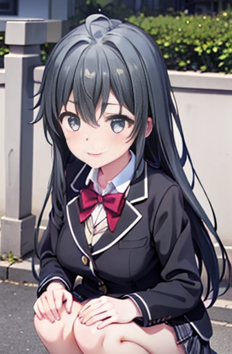 Yukino, yukino yukinoshita, １Woman and calico cat,Black Hair, blue eyes, Long Hair, Ahoge,blush,smile,幸せな雰囲気
break blazer, cardigan, Jacket, Plaid, Plaid skirt, school uniform, skirt, sobu high school uniform,Crouching down to play with a cat,
break outdoors, Residential Street,
break (masterpiece:1.2), Highest quality, High resolution, unity 8k wallpaper, (shape:0.8), (Fine and beautiful eyes:1.6), Highly detailed face, Perfect lighting, Highly detailed CG, (Perfect hands, Perfect Anatomy),Large Breasts