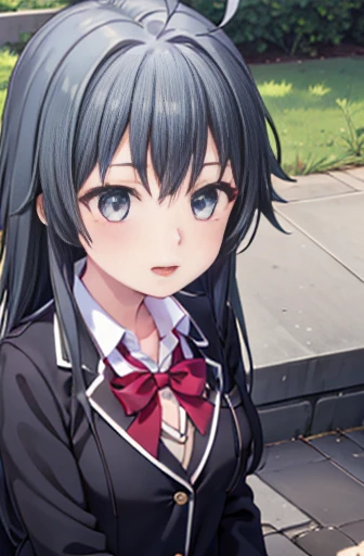 Yukino, yukino yukinoshita, １Woman and calico cat,Black Hair, blue eyes, Long Hair, Ahoge,blush,smile,幸せな雰囲気
break blazer, cardigan, Jacket, Plaid, Plaid skirt, school uniform, skirt, sobu high school uniform,Crouching down to play with a cat,
break outdoors, Residential Street,
break (masterpiece:1.2), Highest quality, High resolution, unity 8k wallpaper, (shape:0.8), (Fine and beautiful eyes:1.6), Highly detailed face, Perfect lighting, Highly detailed CG, (Perfect hands, Perfect Anatomy),Large Breasts