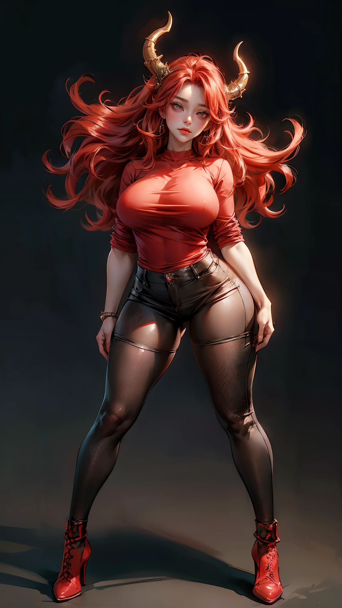 Very detailed, Seductive woman with horns, Tight shirt, (plump, The breasts are too big，Shirts always get torn, Red hair), Face-centered, Face Focus, Complex eyes,Standing，stand at attention，Full body frontal photo