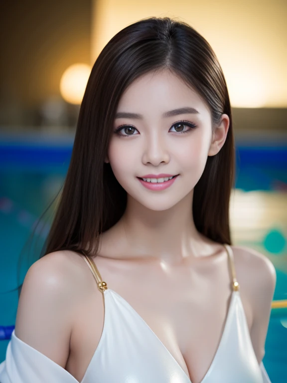 Latex bodysuit、Knee-high boots、Huge 、Long brown hair、Shiny, Oily skin、Glowing Skin、Indoor competition pool、White skin、Beautiful woman in kimono，Body Portrait、8k，Beautiful and beautiful eyes，Dindal effect、masterpiece, 最high quality, high quality, High resolution、Very detailed photos、(Natural skin texture、Fine skin、Hyperrealism、Ultra Sharpness)、Skin with attention to detail、(Very detailed、Fine skin texture、Intricate details、Beautiful Face、(A vivid face)、Realistic eyes、Beautiful and detailed、Realistic Skin、Beautiful Skin、Surreal、Very detailed、Golden Ratio、With a smile、((Night moonlight background))、Body Portrait、Shinyボディスーツ