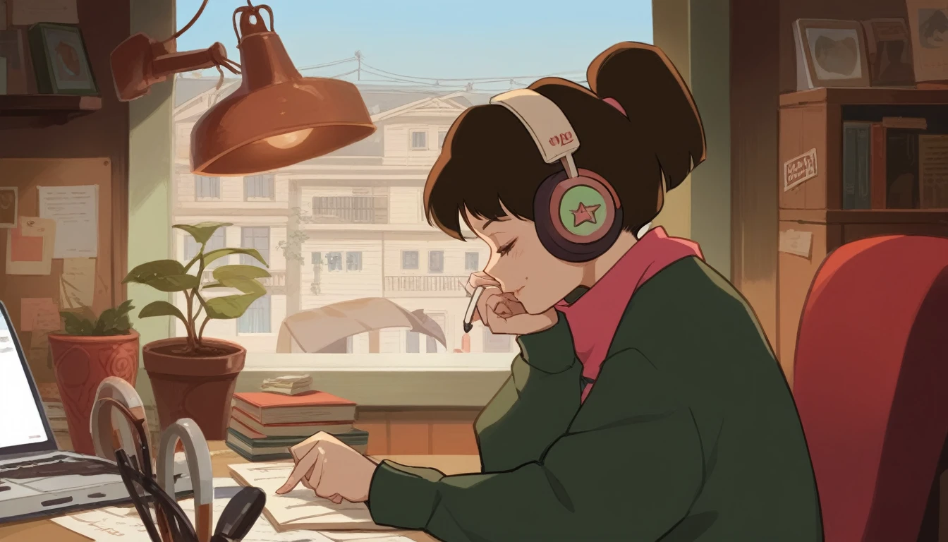 Anime girl sitting at a desk writing with headphones on, praise girl, praise artstyle, praise art, praise portrait, praise feel, praise girl aesthetic, praise colors, Atei Gailan Style, praise vibes, praise, praise hip hop, praise portrait at a window, praise vibe