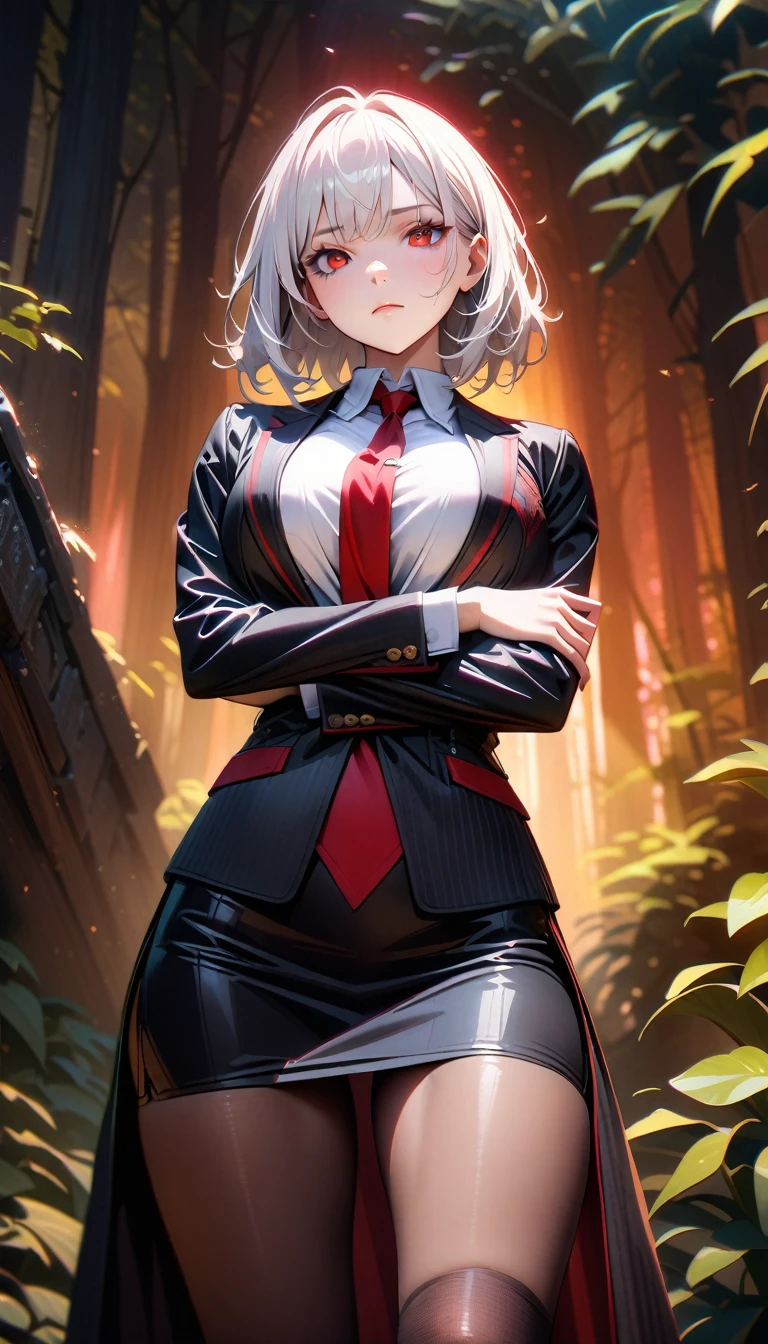 1women,(White hair),(White eyelashes),(Red eyes),( wears a white shirt),(Black jacket),(Big breasts),(Red tie),(Black tight skirt),(Sexy women's stockings),(Expressionless face),(full body-show),(cross arms),(masterpiece:1.5), (8k details:1.3), (unlimited details:1.2), (best eyes:1.4), (ultra clothes details:1.3), (highly detailed background), (vibrant colors), (dynamic lighting), (realistic skin texture), (intricate patterns), (sharp focus), (full-body view), (natural poses), (expressive emotions), (cinematic composition),(Forest background)