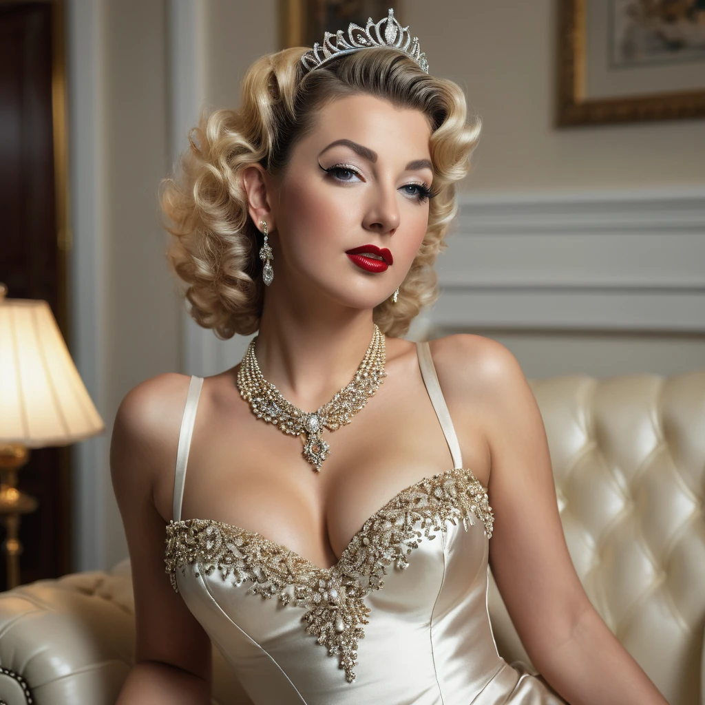 Hyperrealistic photograph of a 30-year-old woman mother of pearl silk satin, diamond Tiara, gold necklace, Betty Grable, maid, under bust silk very low cut dress  on a white leather sofa, high heels sandals  the entire body, blonde curly hair,  high quality, realistic lighting, center of the image, hourglass proportions, 8k, HDR, BDSM, medium chest size, long legs, tinted, professional photography of a woman, natural skin texture, 4K textures, Adobe Lightroom, Photolab, HDR, intricate, elegant, very detailed, sharp focus, insane details, intricate details, hyper-detailed, bright cinema light, outdoor atmosphere, chin pulled up, (exposed belly: 1.8), (remote shot), friendly facial expression