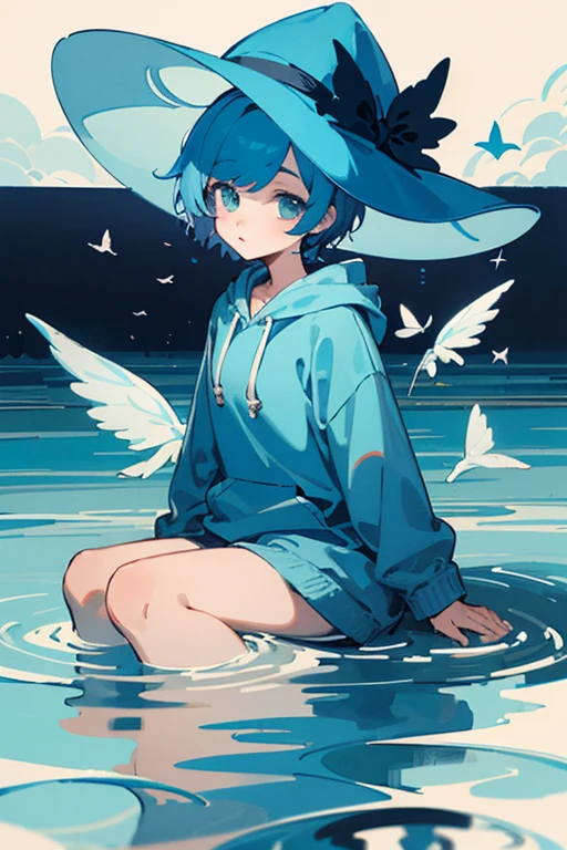 ((Highest quality)) ((masterpiece)) Perfect Face Blue Hair Short Hair Odd Eye An illustration Wearing a light blue hoodie One person In the sea Swimming neutral Hair fluttering Highest quality Her hair is fluttering In the water Witch Hat Water Witch