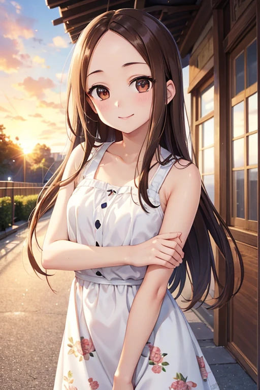 Takagi-san、Shiny brown hair, Long Hair,((Medium chest、Forehead、Center part))、 Beautiful brown eyes、smile、Sparkling eyes, (fine grain)、Very fine eye、Highly detailed face, Highly detailed eyes, Cowboy Shot、 


masterpiece, high quality, Beautiful 23 year old woman,She is wearing a white sleeveless short dress with floral print, 
Smiling Kindly, thin, Perfect Face, Perfect hands, The background is a bright cafe，summer night，Sunset sun，