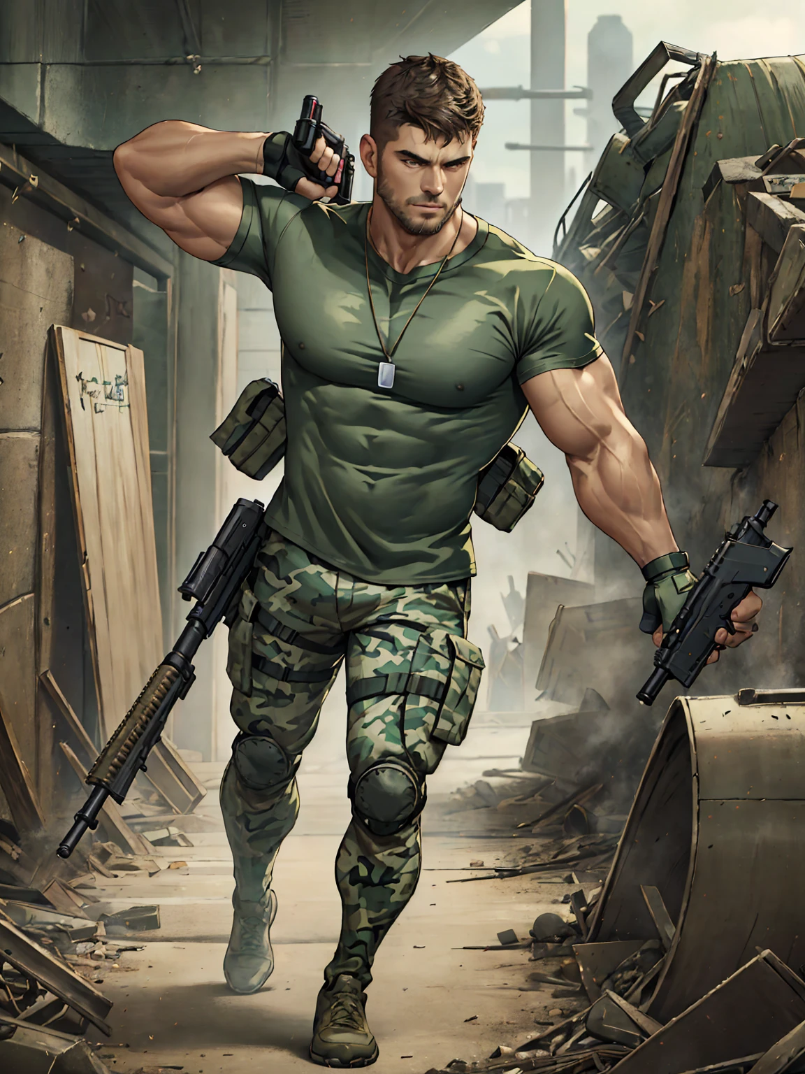 realistic, masterpiece, best quality, cinematic lighting, soft shadow, insane detail, detailed background, professional photography, depth of field, intricate, detailed face, subsurface scattering, realistic hair, realistic eyes, muscular, masculine, photo of a handsome man, indoors, destroyed city, post apocalyptic, camouflage pants, beard, (20 year old), dynamic pose, holding gun, assault rifle, fingerless gloves, manly, (green t-shirt), dog tag,