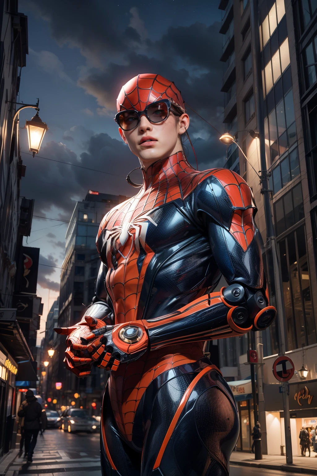 ((best quality)), ((masterpiece)), (detailed), ((best quality)), ((masterpiece)), (detailed), robotic spiderman(full robot costum blue metallic and red), ((orange rayban eyes)) wearing gas mas)k is floating while shooting the webs wichis it comes out from his hands, in the city building from the outside 360° dark view at nights, moonlighting in the sky, clouds, builings, (colorfull)