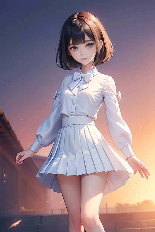 (masterpiece、Highest quality:1.7)、(12 years old:1.5)、(Full body shot:1.5)、Bobcut、Black Hair、85mm、16K、Official Art、RAW Photos、Best Beautiful Faces、Close-up、Violet、Gardenia、((The best beautiful girl、very cute))、Red blush on cheeks、((In the office))、(Are standing:1.8)、Film Grain、Chromatic Aberration、Sharp Focus、(((Nice hands、Perfect hands、Perfect Fingers、Thin and delicate fingers、A perfect body without flaws)))、Detailed face、(Slender body:1.5)、(Slender body:1.3)、(Slim upper body:1.2)、(Small and flat bust:1.8)、(Narrow thighs:1.3)、(Let your bangs hang down:1.8)、(Blushing:1.8)、(Low contrast lighting:1.4)、(襟t付きのwhiteビジネスブラウス:1.5)、((white)Bowtie blouse:1.5)、(Long sleeve: 1.4)、(The length is very short(white)Pleated silk mini skirt:1.7)、(whiteスクールソックス:1.8),(Cover your chest with your palms:1.7),(The wind is blowing up her skirt:1.8),(Low angle from below:1.6)