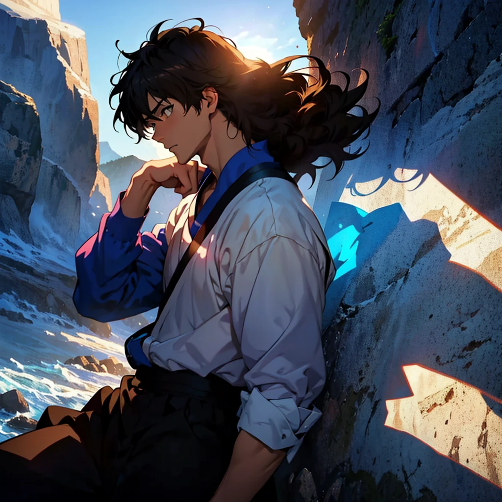 anime boy with a blue shirt is looking to his right、 an anime drawing by Eizan Kikukawa, pixiv, serial art, handsome anime pose, Kentaro Miura art, anime portrait of a handsome man, Kentaro Miura manga art style, conrad roset and makoto shinkai, Kentaro Miura art style, anime handsome man、Handsome、profile、colorful、Lens flare、Looks smart、colorfulな背景、Close-up、Concept Art、Two Block、Up Bang、all back、Perm、Brown Hair、Windblown hairstyle、No bangs、Put your hand on your chin、1boy、Fluorescent color、all backの髪、Medium short length、Sit in a thinking position, rubbing your chin with your left hand.