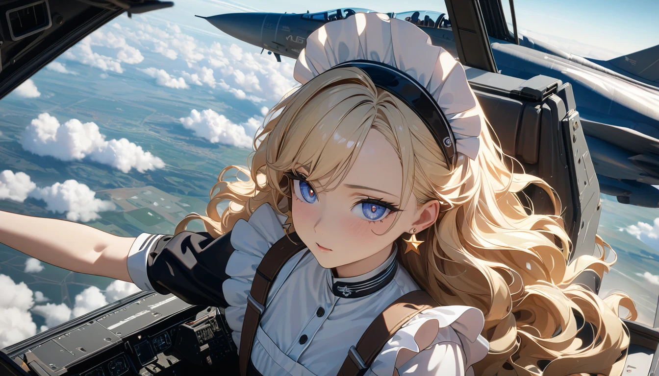 ((best quality)), ((masterpiece)), (detailed), perfect face, ((Best quality, 8k, Masterpiece: 1.3)), Sharp focus, Highly detailed face and skin texture, Detailed eyes, Light blonde, shoulder-length, wavy hair, star earrings, A maid costume with frills, white brim, high resolution, Textured skin, anime style, A maid boarding a fighter jet, maids acting as pilots, inside the cockpit, Air Force, Flying above the clouds