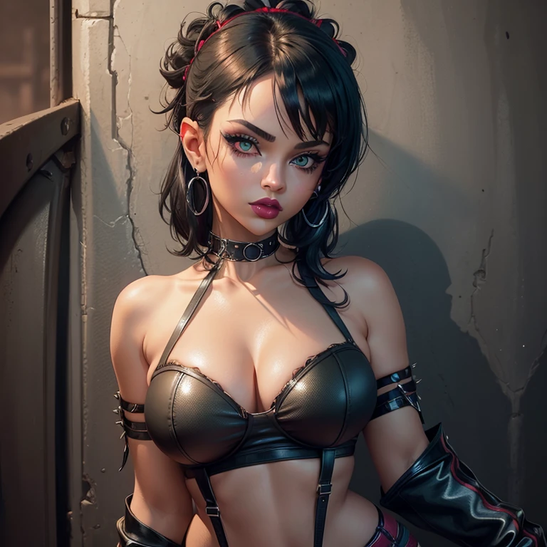 1 girl, solo,  cute goth girl, seductive face, big round breasts, black hime cut hair, perky breasts, breasts apart,green eyes , 
leaning on wall,  neon light on background,  earrings, red nail polish,  black punk outfit, red lipstick, leather torn pants, choker, see-through metallic fishnet-bra,  spiked bracelet, fingerless gloves, seductive facial expression,( close up:1.3), three quarter view, 
Expressiveh, Goth girl 1girl, Goth girl, sexy pose,   detailed background,portrait shot, face focus,volumetric lighting, vivid colours,  glowing, neon,( finger on lips, bit lip:1.3) , portrait, perfecteyes