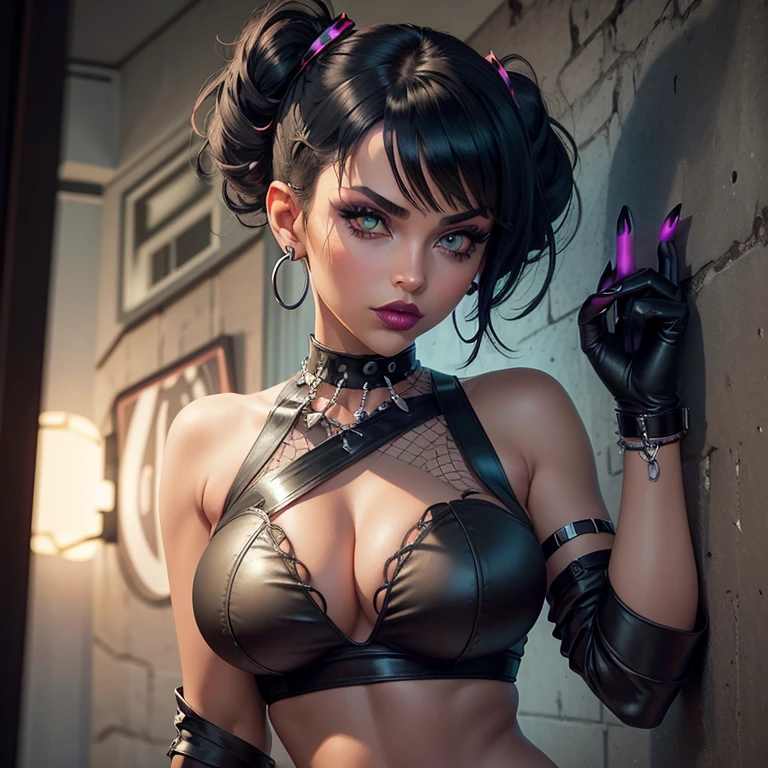 1 girl, solo,  cute goth girl, seductive face, big round breasts, black hime cut hair, perky breasts, breasts apart,green eyes , 
leaning on wall,  neon light on background,  earrings, red nail polish,  black punk outfit, red lipstick, leather torn pants, choker, see-through metallic fishnet-bra,  spiked bracelet, fingerless gloves, seductive facial expression,( close up:1.3), three quarter view, 
Expressiveh, Goth girl 1girl, Goth girl, sexy pose,   detailed background,portrait shot, face focus,volumetric lighting, vivid colours,  glowing, neon,( finger on lips, bit lip:1.3) , portrait, perfecteyes