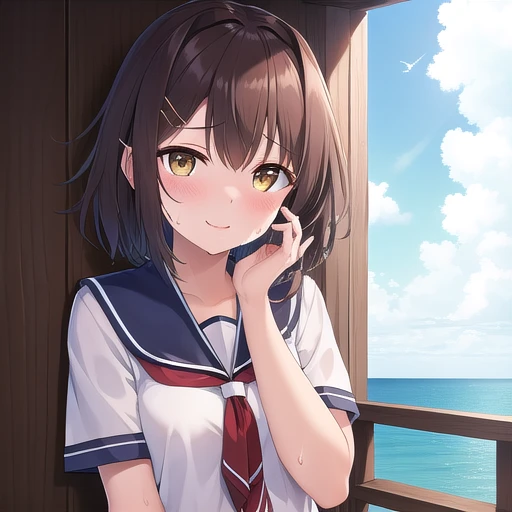 ((masterpiece)),(Highest quality),Official Art,Highly detailed CG,unity 8k wallpaper,Super detailed,Lighthouse on top of a cliff by the sea,One girl,alone,Upper Body,(Portraiture:1.2),short_hair,brown_hair,White shirt,School_uniform,Seraphim,yellow_eyes,single_Thigh length,smile,Pleats_skirt,asymmetrical_Legwear,hairclip,Shine_eye,hair_ornament,Uneven_Legwear,Sweating，Smell，Good smelling sweat，Show your entire body