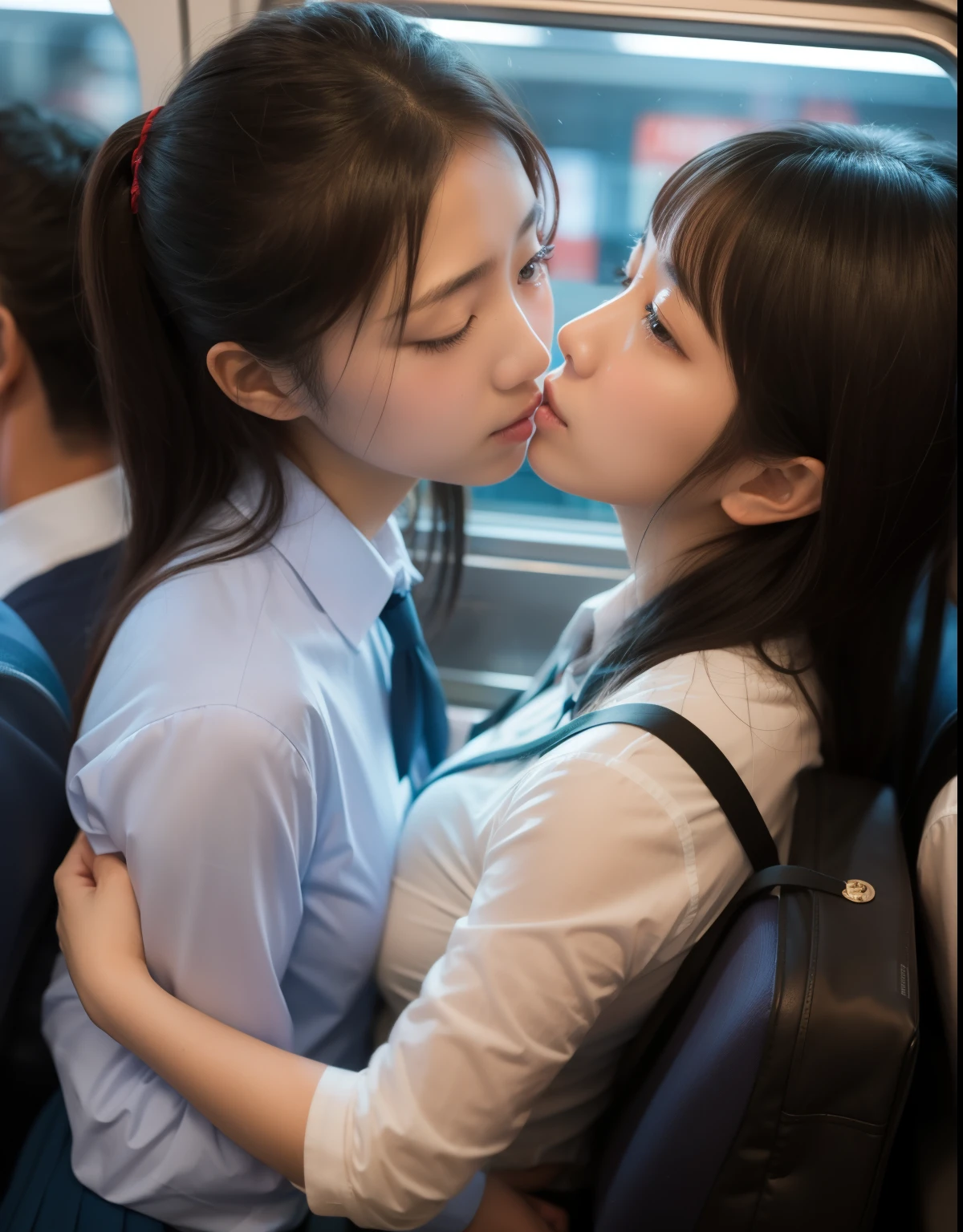 8k,masterpiece,Japanese,best quality, two (schoolgirls:1.2), reluctantly, on crowded train, shirts, breasts