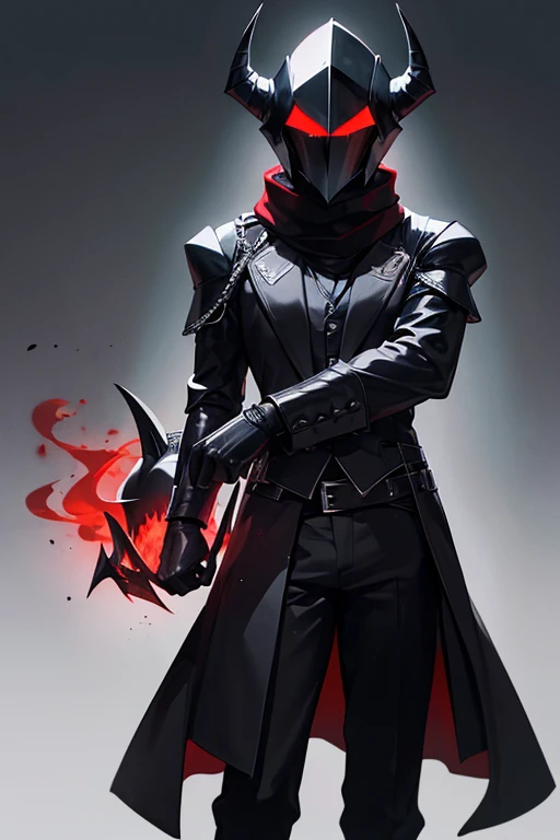 man with a black and heavy paladin helmet that hides all his face and black goat-like horns. wearing a red shirt and black gloves, with a black dress vest buttoned on top, with black dress pants and a black and very long scarf.