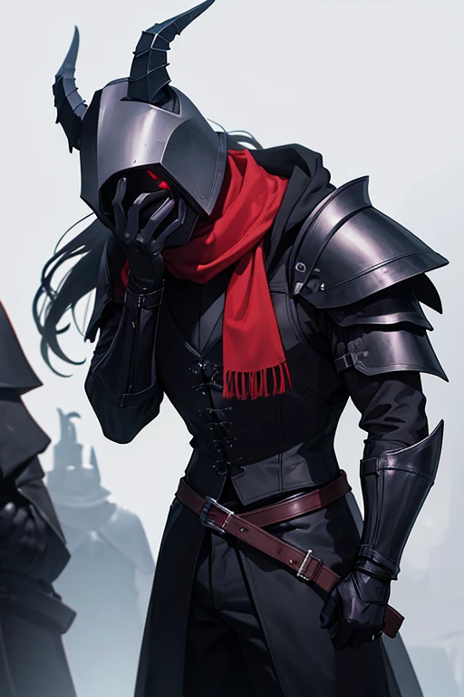 man with a black and heavy paladin helmet that hides all his face and black goat-like horns. wearing a red shirt and black gloves, with a black dress vest buttoned on top, with black dress pants and a black and very long scarf.