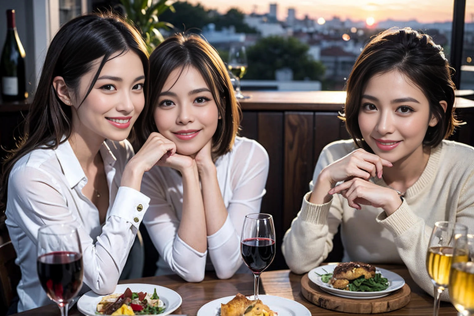 (Realistic:1.1),(masterpiece,Highest quality),8k,(56 years old), 53 years old, ベリーslimボディ、slimカップル、Tight waist,Upper Body,full-course dinner、wine 、Amazing view of the sunset sky and clouds、Perfect Anatomy, Brown Hair, short hair,Random Hairstyles,((Highly detailed face and eyes:1.2)),Perfect golden ratio face,Long sleeve shirt、dress,(smile:1.2)、Shortcuts、cute、(Realistic, Intricate details:1.2), A bright smile、short hair,Bright Face、赤wine 、Appetizers、Italian food、wine bottle、Champagne、スパークリングwine、(slimな顔), (The body is slim), (Brown Hair), (Shortcuts), Upper Body, 白wine, slim, wineグラス,