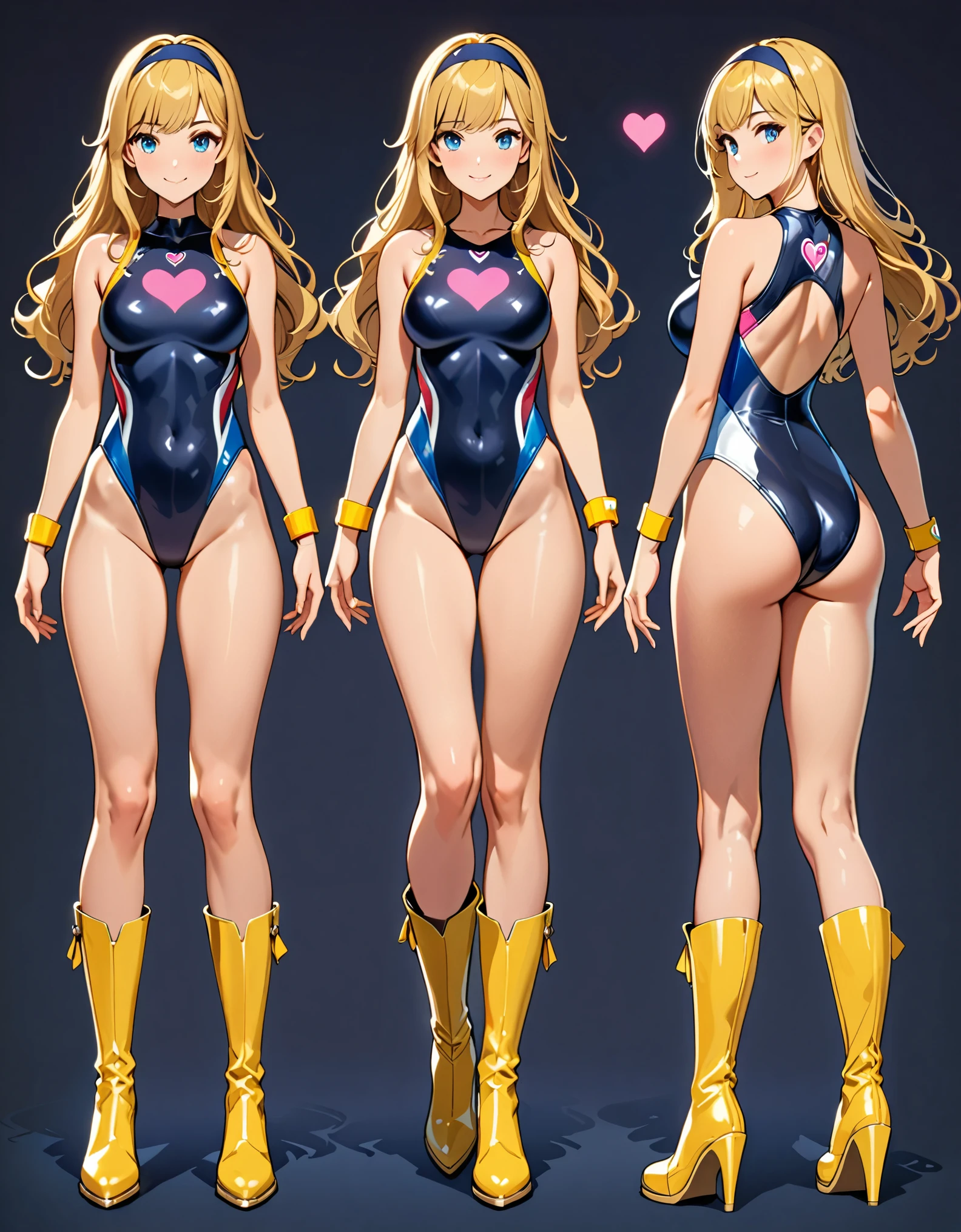 (masterpiece), (best quality), (hires), highly detailed, 1girl, superhero, (bangs, blonde hair, hair down), (black headband), blue eyes, beautiful detailed eyes, beautiful detailed face, cute face, perfect hands, complete fingers, (perfect anatomy, perfect proportions), (leotard, competition swimsuit, dark blue leotard), (boots, yellow boots, yellow footwear, high heels), , medium breastsed navel, (blue fingerless gloves, yellow bracelets), ((pink heart logo on chest)). looking at viewer, smile, standing, standing straight, solo, solo focus. Simple background, Multiple Views, Character Sheet Full-Length.