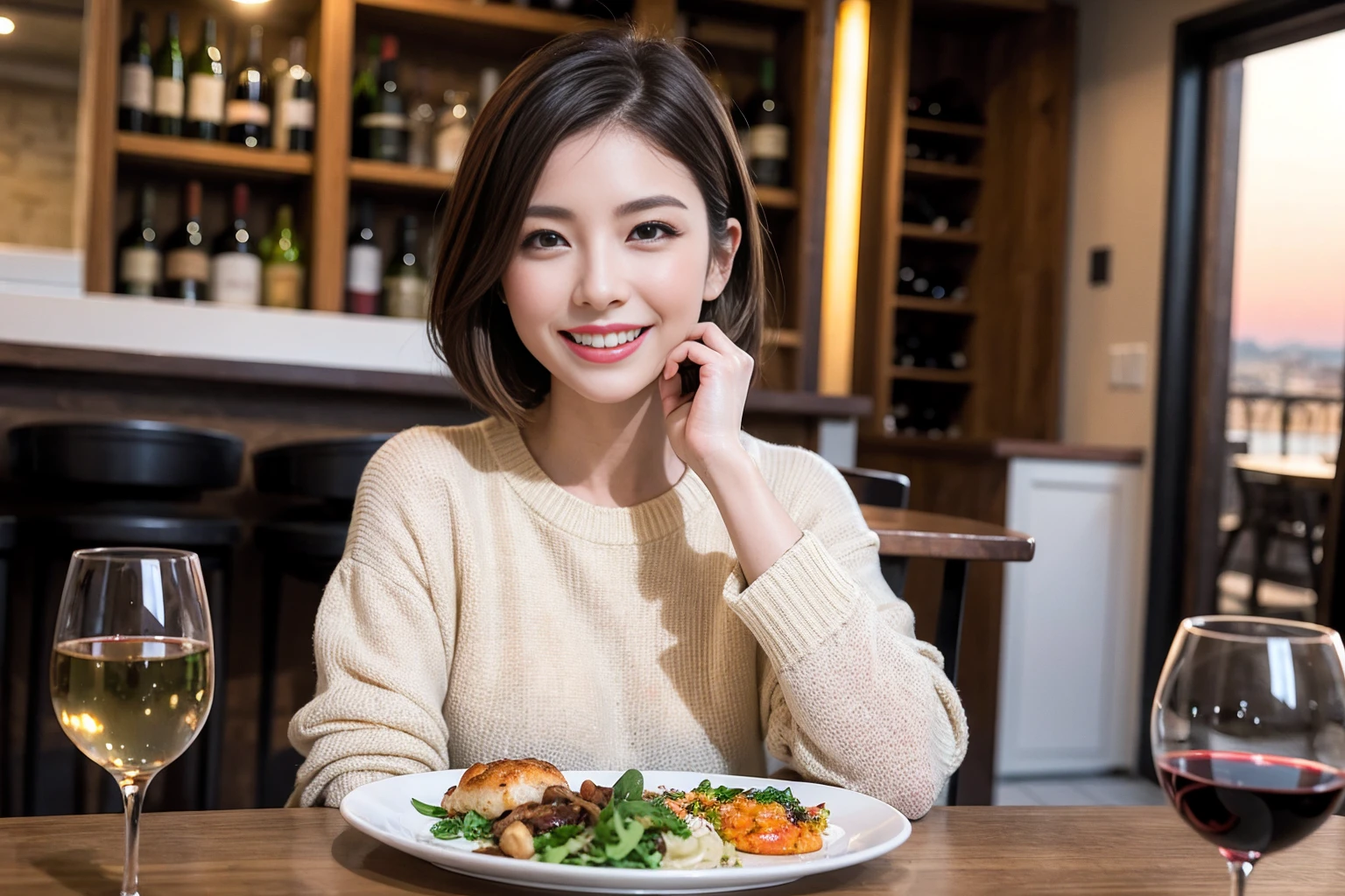 (Realistic:1.1),(masterpiece,Highest quality),8k,(56 years old), 53 years old, ベリーslimボディ、slimカップル、Tight waist,Upper Body,full-course dinner、wine 、Amazing view of the sunset sky and clouds、Perfect Anatomy, Brown Hair, short hair,Random Hairstyles,((Highly detailed face and eyes:1.2)),Perfect golden ratio face,Long sleeve shirt、dress,(smile:1.2)、Shortcuts、cute、(Realistic, Intricate details:1.2), A bright smile、short hair,Bright Face、赤wine 、Appetizers、Italian food、wine bottle、Champagne、スパークリングwine、(slimな顔), (The body is slim), (Brown Hair), (Shortcuts), Upper Body, 白wine, slim, wineグラス,