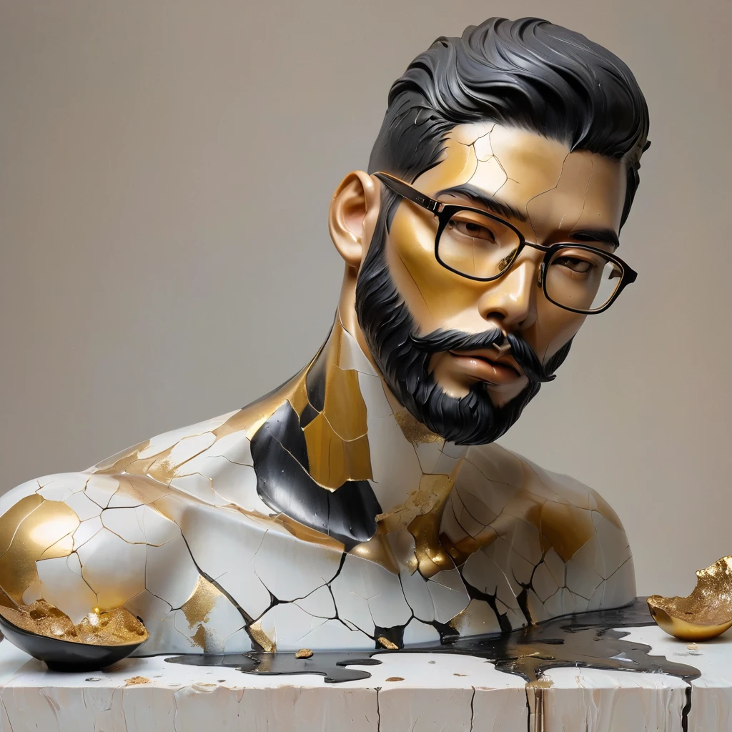 ((display,Still life table,Artistic statues,3D Sculpture,ceramics,Surface cracks,Shattered Texture)), Showing the beauty of nature.gold,black powder, To emphasize its artistic quality, Asian men, with stubble, short beard, short mustache, Beard scum, slightly curly hair, and black square plastic-framed glasses
