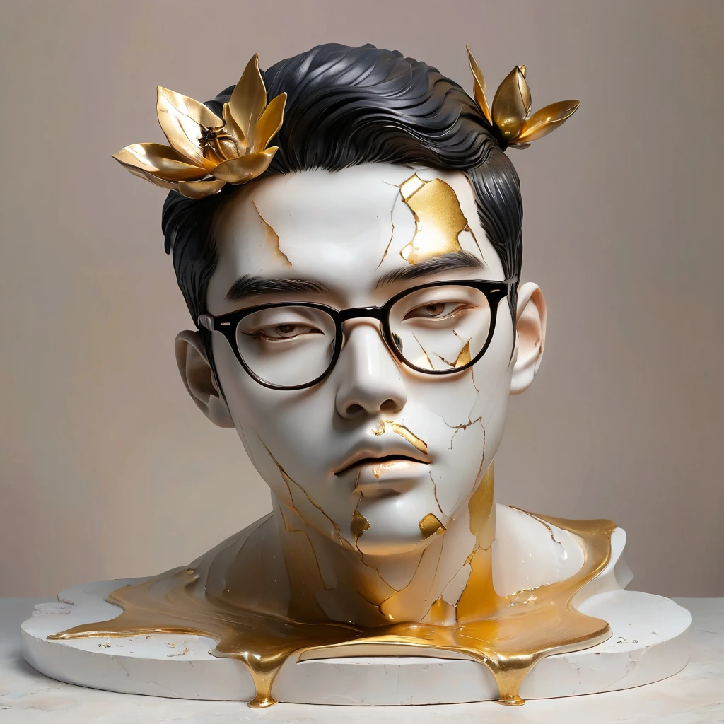 ((display,Still life table,Artistic statues,3D Sculpture,ceramics,Surface cracks,Shattered Texture)), Showing the beauty of nature.gold,black powder, To emphasize its artistic quality, Asian men, with stubble, short beard, short mustache, Beard scum, slightly curly hair, and black square plastic-framed glasses