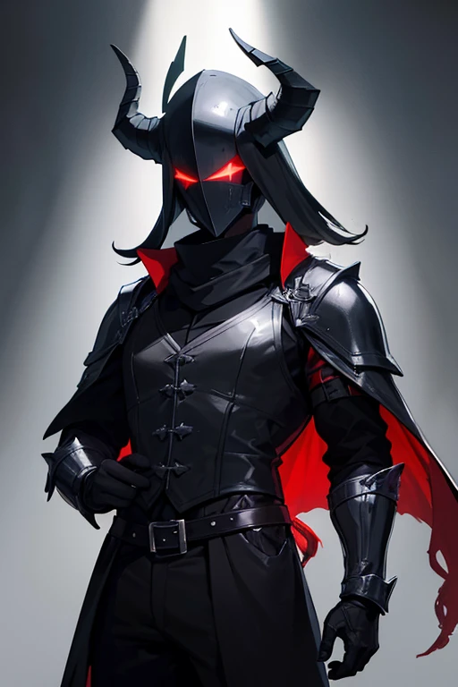man with a black and heavy paladin helmet that hides all his face and black goat-like horns. wearing a red shirt and black gloves, with a black dress vest buttoned on top, with black dress pants and a black and very long scarf.