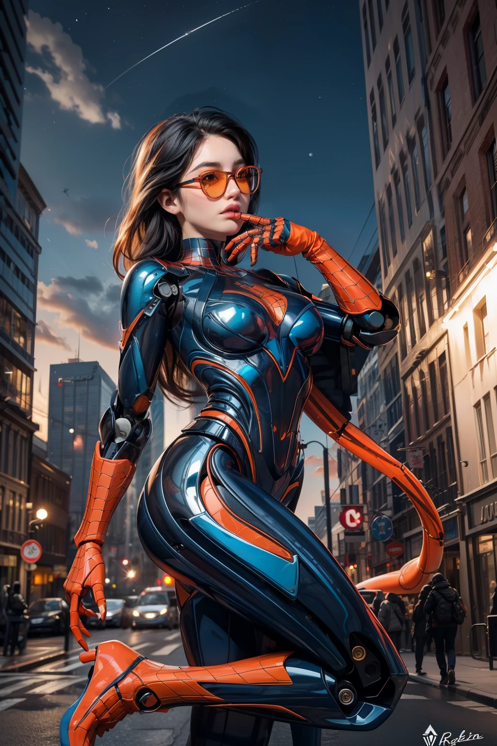 ((best quality)), ((masterpiece)), (detailed), ((best quality)), ((masterpiece)), (detailed), robotic spiderman(full robot costum blue metallic and red), ((orange rayban eyes)) wearing gas mask) is floating while shooting the webs wichis it comes out from his hands, in the city building from the outside 360° dark view at nights, moonlighting in the sky, clouds, builings, (colorfull)