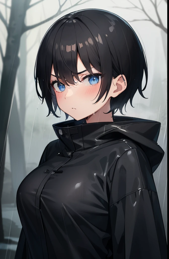 boyish,Very short hair,Black Hair,Large Breasts,black long raincoat,Wet,blush,Serious face,blue eyes,forest,rain,fog,cloudy,Put on the hood,front,Gloomy face,