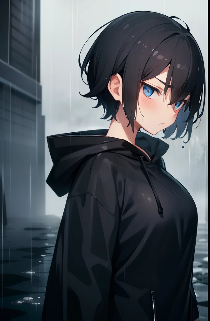 boyish,Very short hair,Black Hair,Large Breasts,black long raincoat,Wet,blush,Serious face,blue eyes,forest,rain,fog,cloudy,Put on the hood,front,Gloomy face,
