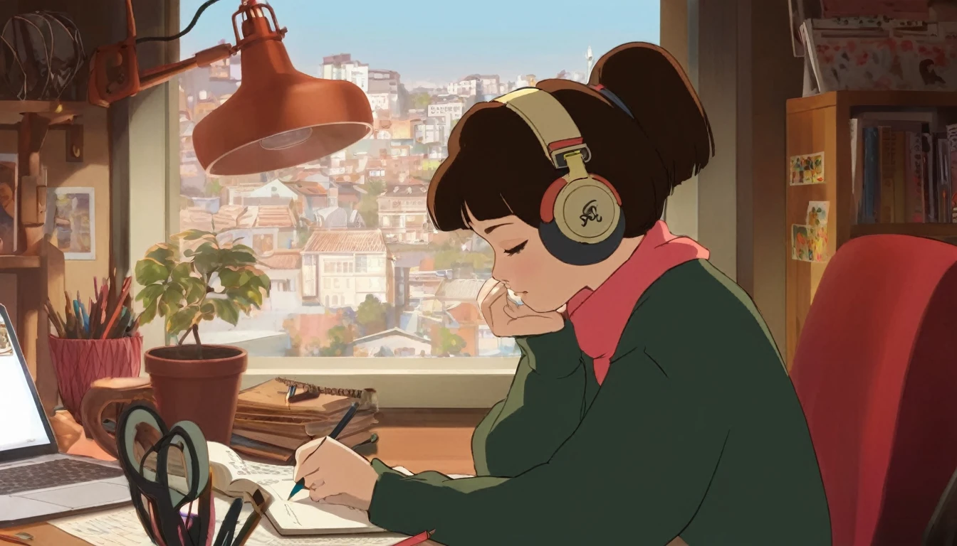 Anime girl sitting at a desk writing with headphones on, praise girl, praise artstyle, praise art, praise portrait, praise feel, praise girl aesthetic, praise colors, Atei Gailan Style, praise vibes, praise, praise hip hop, praise portrait at a window, praise vibe